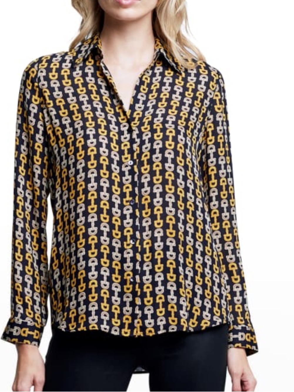 L'AGENCE Nina Geometric Chain Print Blouse - Black, Gold, Cream